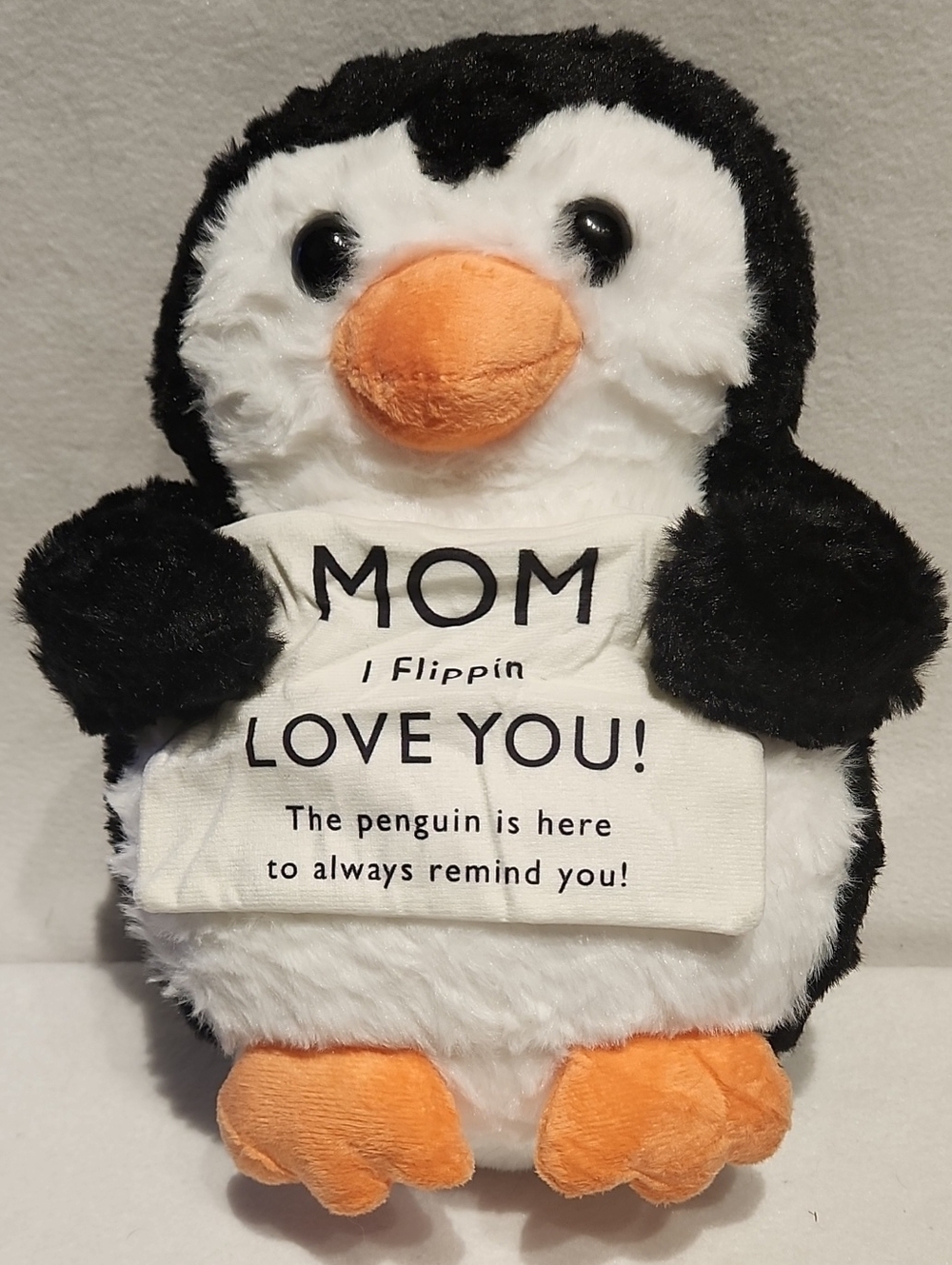 Plush Black & White Penguin Stuffed Animal with Orange Beak - Mom Love Message
